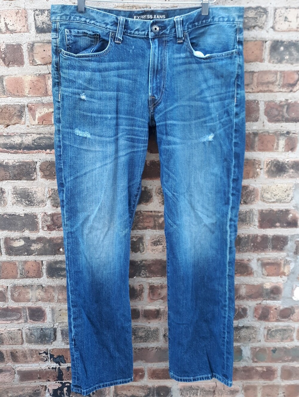 Express Blake Loose Fit Boot Cut Jeans Mens 36x32 Blue Denim Distressed